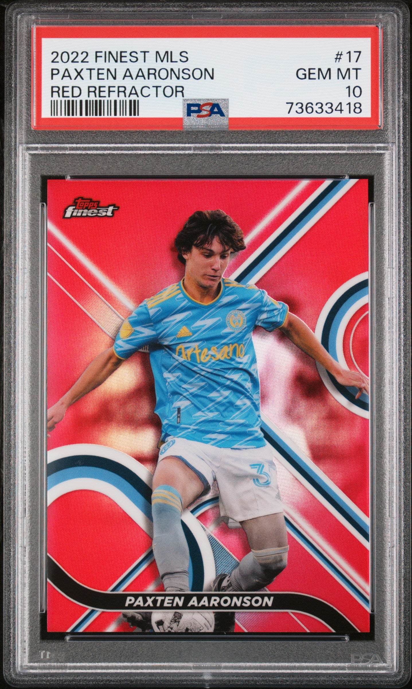 2022 TOPPS MLS FINEST RED REFRACTOR PAXTEN AARONSON /5 PSA 10