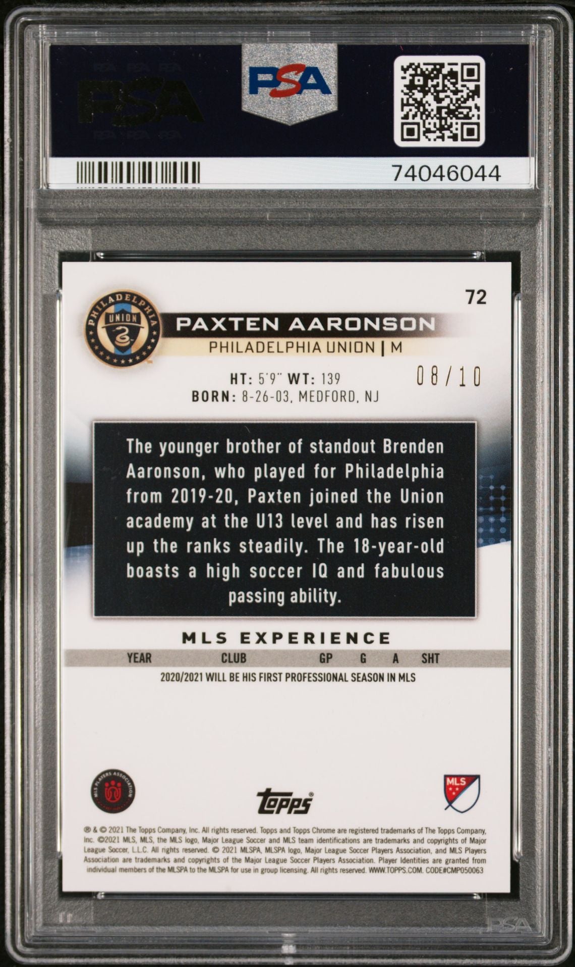 2021 TOPPS CHROME MLS SAPPHIRE PURPLE PAXTEN AARONSON /10 PSA 10