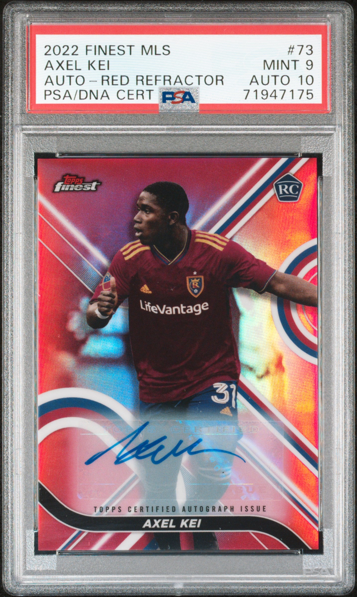 2022 TOPPS FINEST MLS AXEL KEI RED REFRACTOR 2/5 PSA 9 AUTO 10
