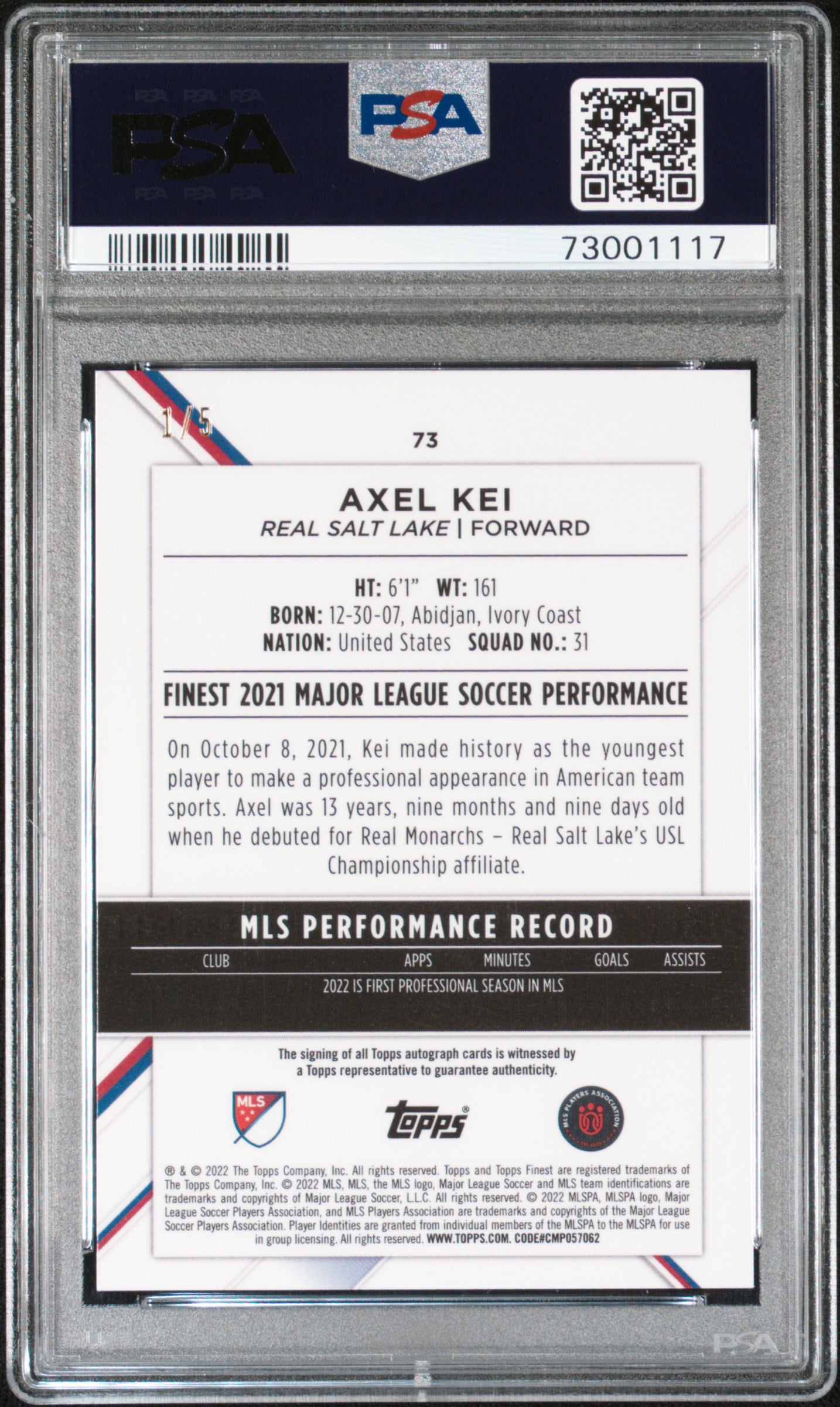 2022 TOPPS FINEST MLS AXEL KEI RED REFRACTOR 1/5 PSA 10 AUTO 10