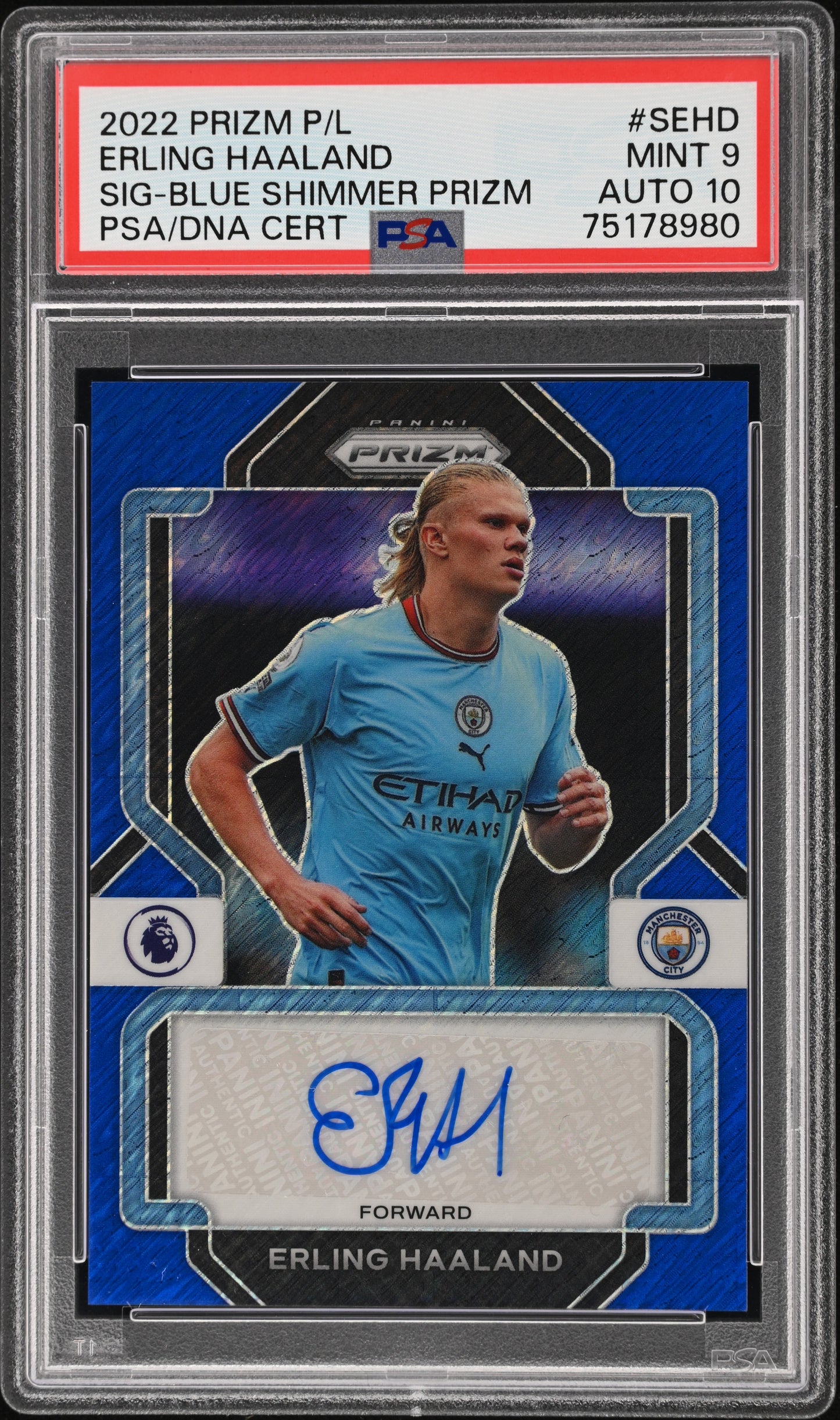 2022 PRIZM EPL ERLING HAALAND BLUE SHIMMER AUTO PSA 9 10 AUTO