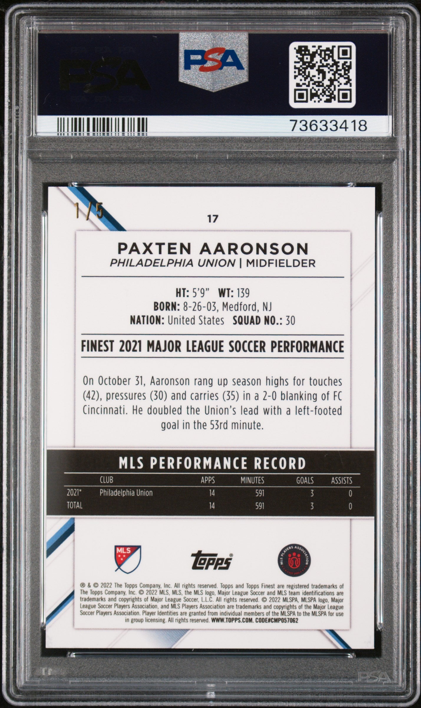 2022 TOPPS MLS FINEST RED REFRACTOR PAXTEN AARONSON /5 PSA 10